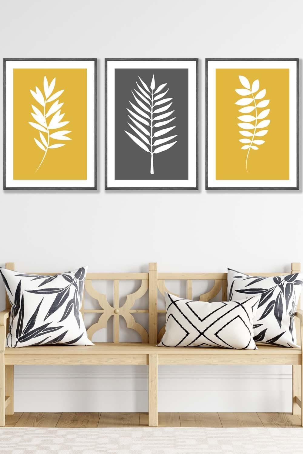 Yellow Grey Graphical Leaves Framed Wall Art - Medium